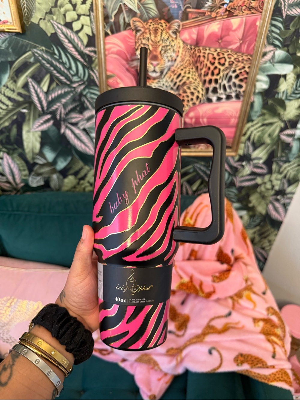 Baby Phat Hot Pink and Black Zebra Insulated Travel Tumbler with Handle